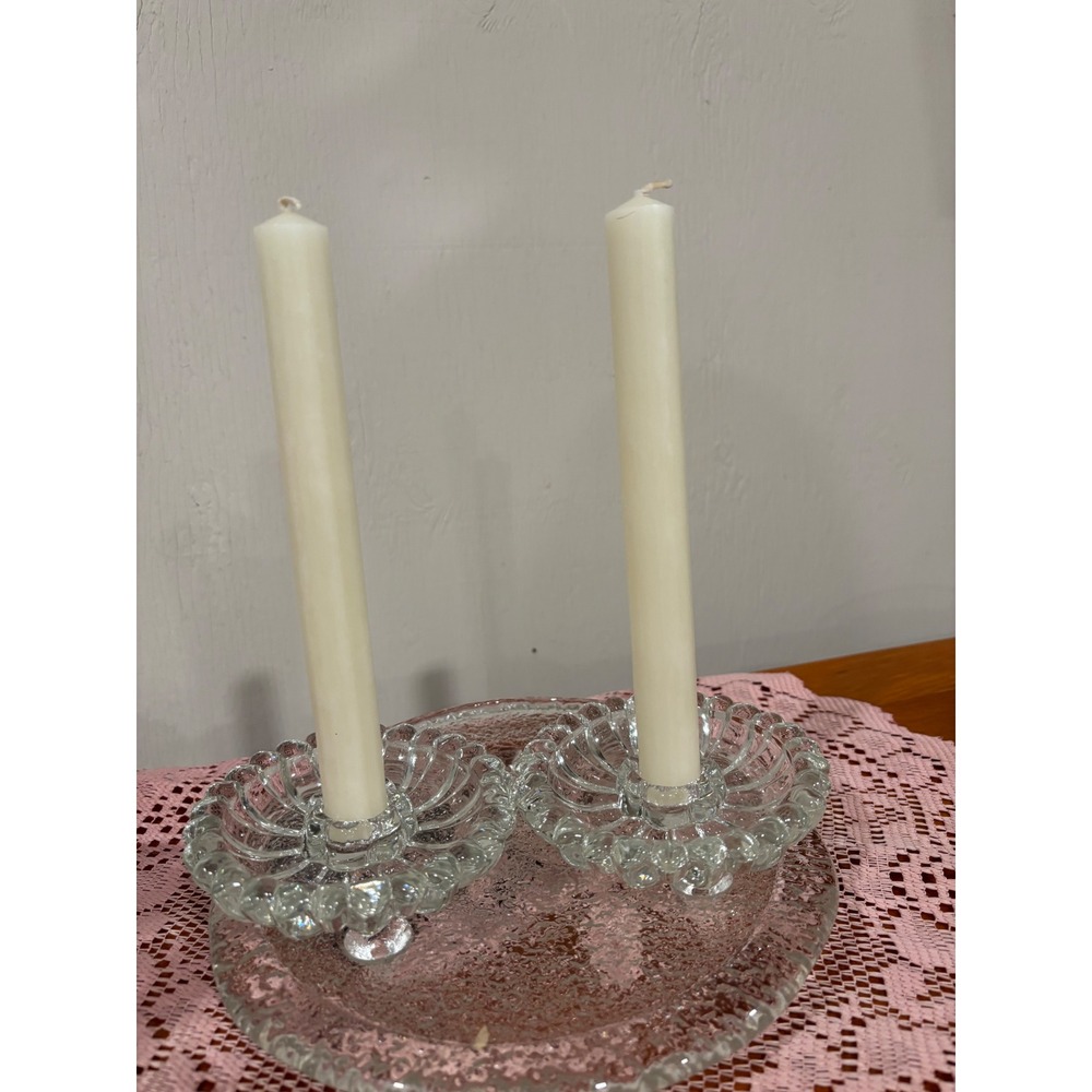 Vintage Clear Glass Booped Scalloped Taper Candlestick Holders Pair Set of 2